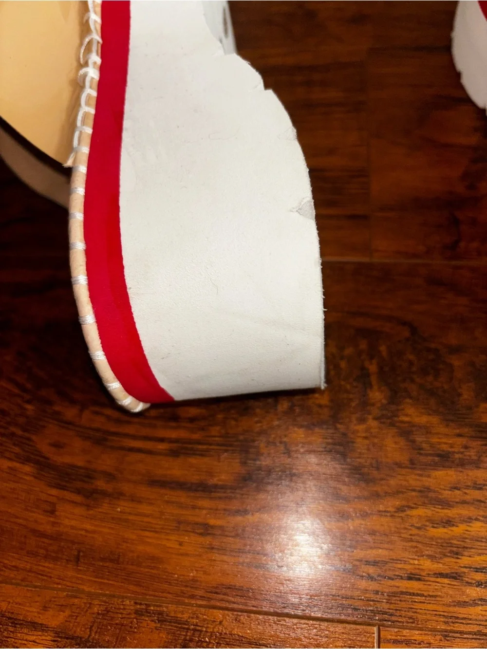 Chocolat Blu Lug Sole Platform Sandal Tan Beige + Red Stripe 3-inch Heel Wedges
